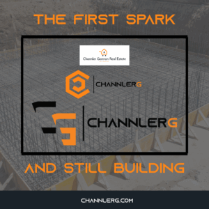 Visual timeline of the ChannlerG brand evolution, featuring logos from real estate to present-day branding on a construction site background.