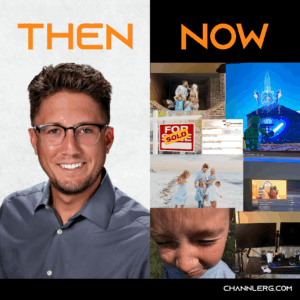 Split-screen image comparing Channler’s professional headshot on the left with a collage of real-life, family, gaming, and creative moments on the right.