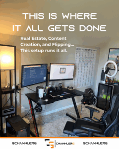 Dual-monitor home office setup with a gaming chair, calendar planner, and ring light, used for real estate, content creation, and flipping.