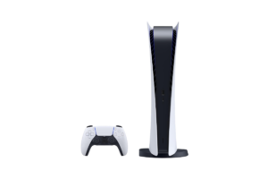PlayStation 5 console standing vertically beside a white DualSense wireless controller on a black background.