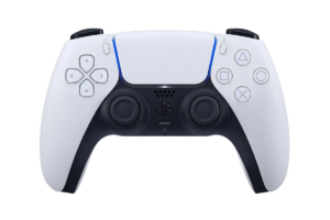 Sony DualSense wireless controller for PlayStation 5 featuring a white and black design, adaptive triggers, and dual analog sticks.