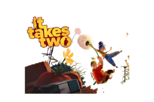 Promotional artwork for It Takes Two featuring the game logo and the two main characters swinging from a dandelion stem in a colorful miniature world.