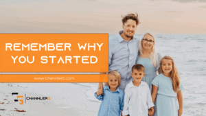 Family of five smiling on the beach at sunset with text overlay: “Remember Why You Started”