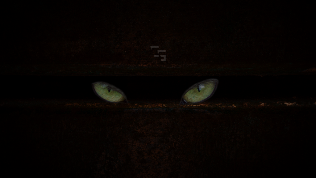Glowing eyes peering through a dark narrow opening, creating a creepy horror atmosphere.
