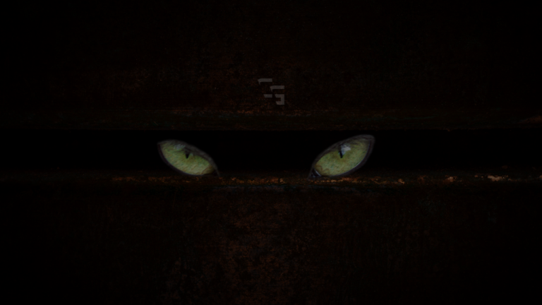 Glowing eyes peering through a dark narrow opening, creating a creepy horror atmosphere.