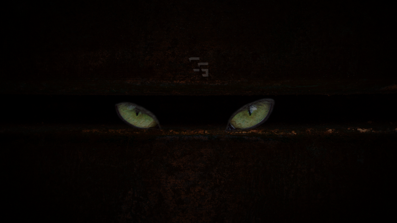 Glowing eyes peering through a dark narrow opening, creating a creepy horror atmosphere.