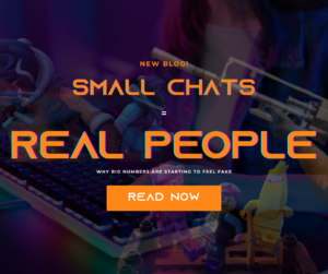 Bold blog promo graphic with gaming figurines and text overlay about small chats and real community