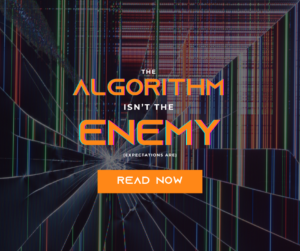 Glitched rainbow screen with “The Algorithm Isn’t the Enemy” quote and “Read Now” button