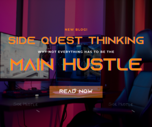 Gaming setup with neon lighting promoting blog on side quests and hustles