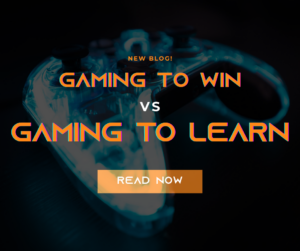Promotional graphic for blog post titled "Gaming to Win vs Gaming to Learn" featuring a glowing controller