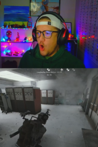 Streamer reacting intensely while playing a tactical mission in a smoky in-game environment