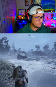 Streamer ChannlerG reacts live while exploring a snowy open-world battlefield in a third-person shooter game