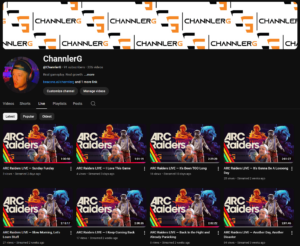 Screenshot of ChannlerG YouTube channel live tab showing ARC Raiders livestream thumbnails