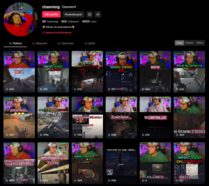 Screenshot of ChannlerG TikTok profile showing a grid of gameplay clips with colorful captions