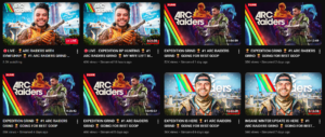 Collage of ARC Raiders YouTube livestream thumbnails featuring expedition gameplay, colorful overlays, and creators in tactical gear