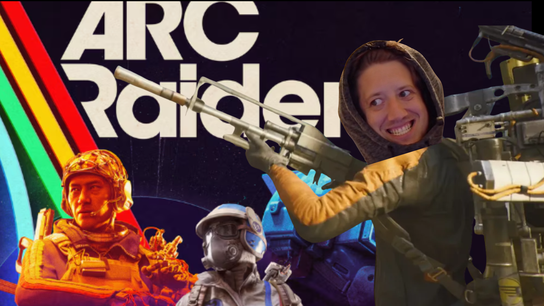Funny ARC Raiders meme with a player’s smiling face edited onto an in-game character holding a massive weapon
