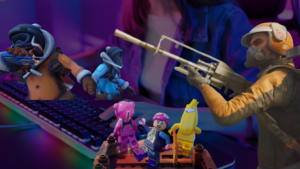 Collage of gaming figurines and keyboard setup with neon lighting