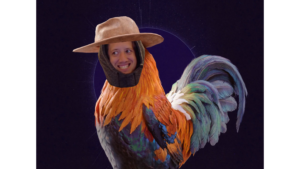Rooster with colorful feathers, wearing a cowboy hat and edited with a smiling human face