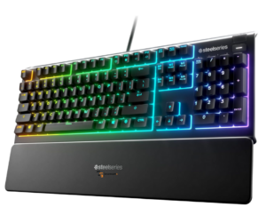 SteelSeries RGB gaming keyboard with ChannlerG-branded wrist rest.