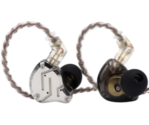Close-up of high-performance in-ear monitors with braided cable and clear housing.