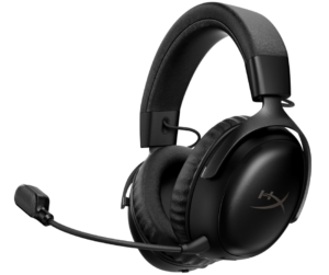 All-black HyperX wireless gaming headset with built-in microphone.