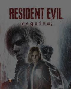 Poster for Resident Evil: Requiem featuring Leon Kennedy and a female protagonist in the rain.