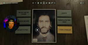Streamer reacting to in-game “Mind Place” scene from Alan Wake 2 with investigation board focused on the character Wake.