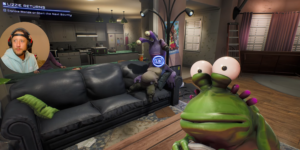 Streamer reacts to absurd in-game living room scene from High on Life featuring colorful alien characters lounging on a couch.