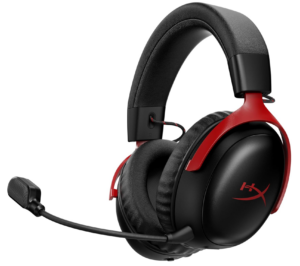 HyperX Cloud gaming headset with detachable microphone in black and red.