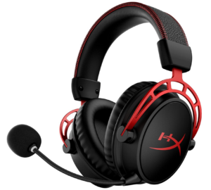 HyperX gaming headset with red metal frame and detachable microphone.