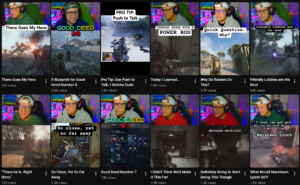 YouTube Shorts thumbnail grid showing a gamer wearing a headset in colorful lighting, with various in-game clips and meme-style captions.