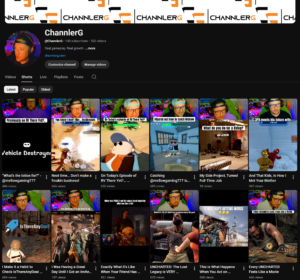 YouTube channel header for ChannlerG with profile image, dark theme, and a grid of Shorts thumbnails beneath a banner.
