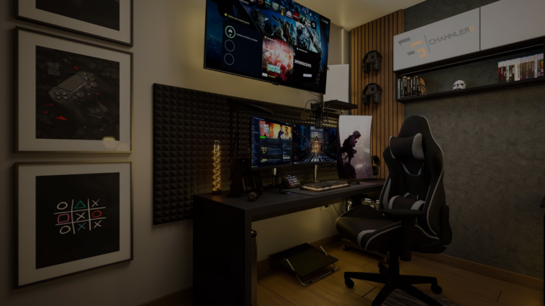 Modern gaming and streaming setup featuring dual monitors, RGB keyboard, and ChannlerG branding.