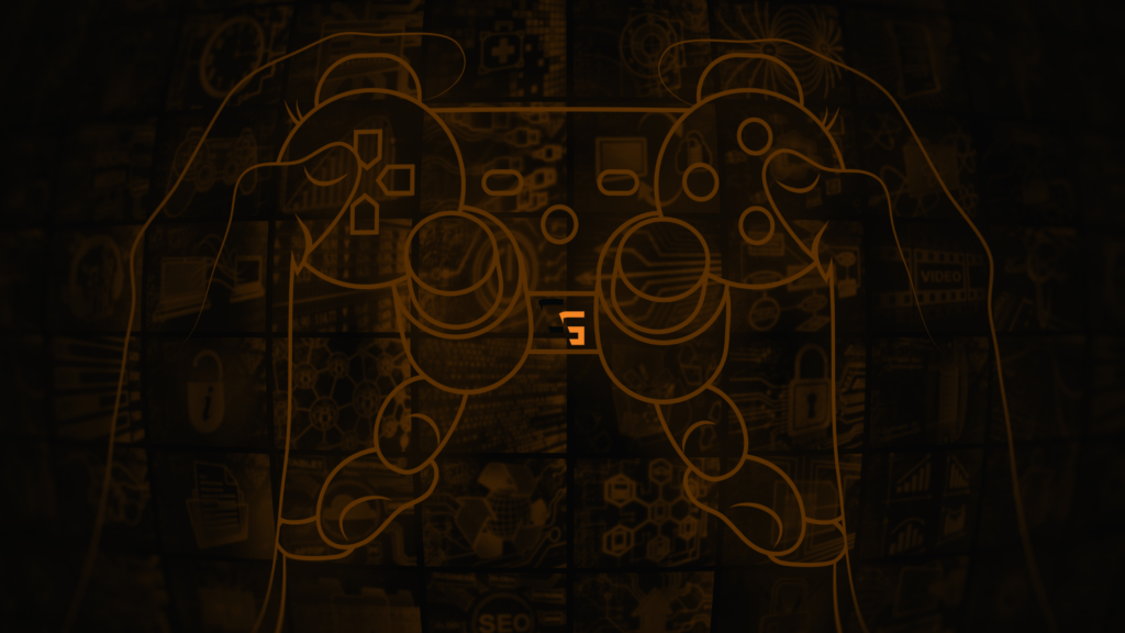Stylized orange outline of hands holding a gaming controller over a digital background of tech and media icons.