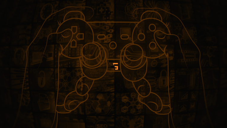 Stylized orange outline of hands holding a gaming controller over a digital background of tech and media icons.