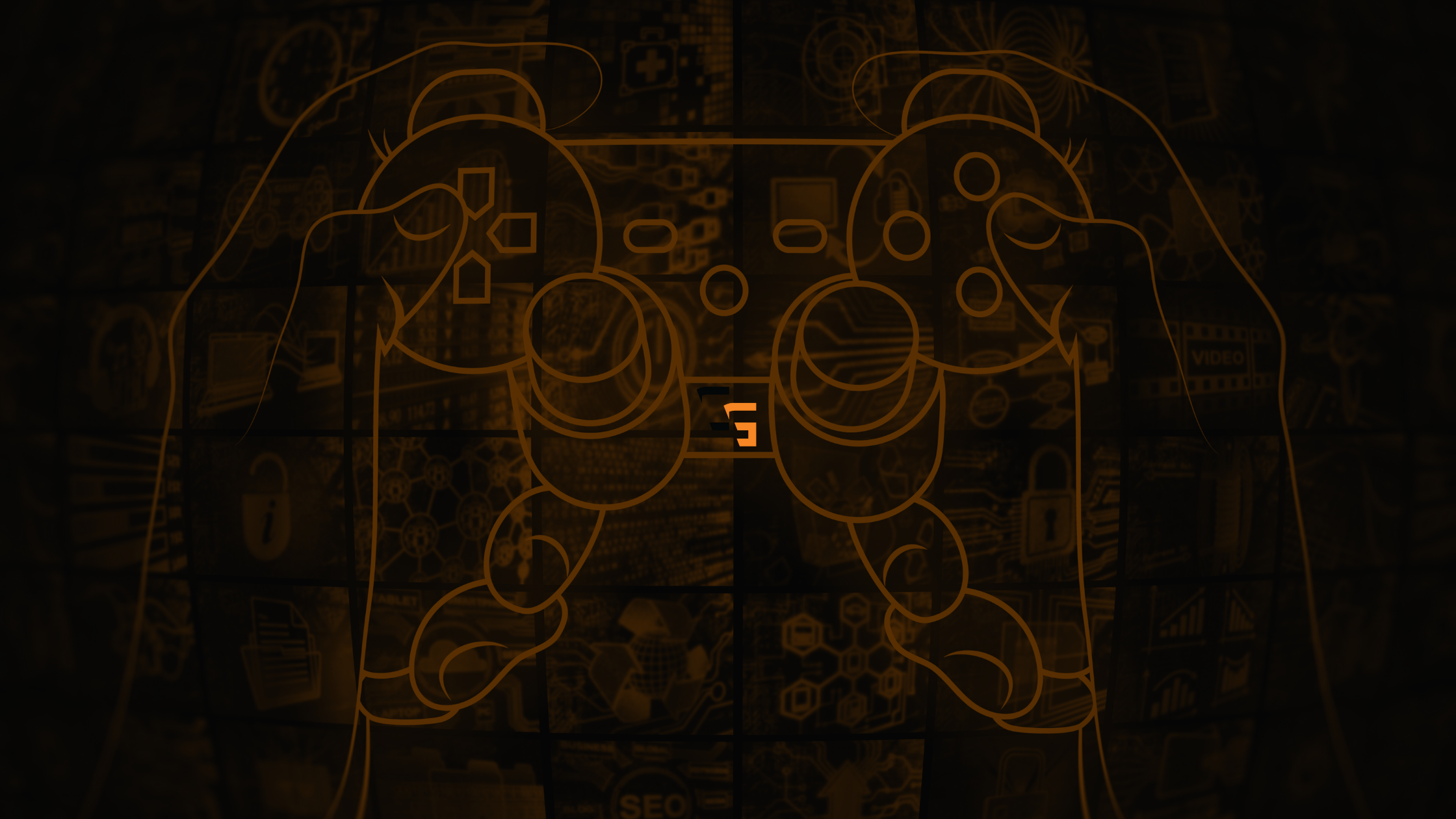 Stylized orange outline of hands holding a gaming controller over a digital background of tech and media icons.