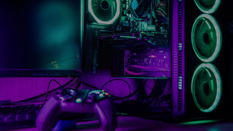 RGB-lit gaming PC with glowing fans, controller, and monitor featuring ChannlerG branding.