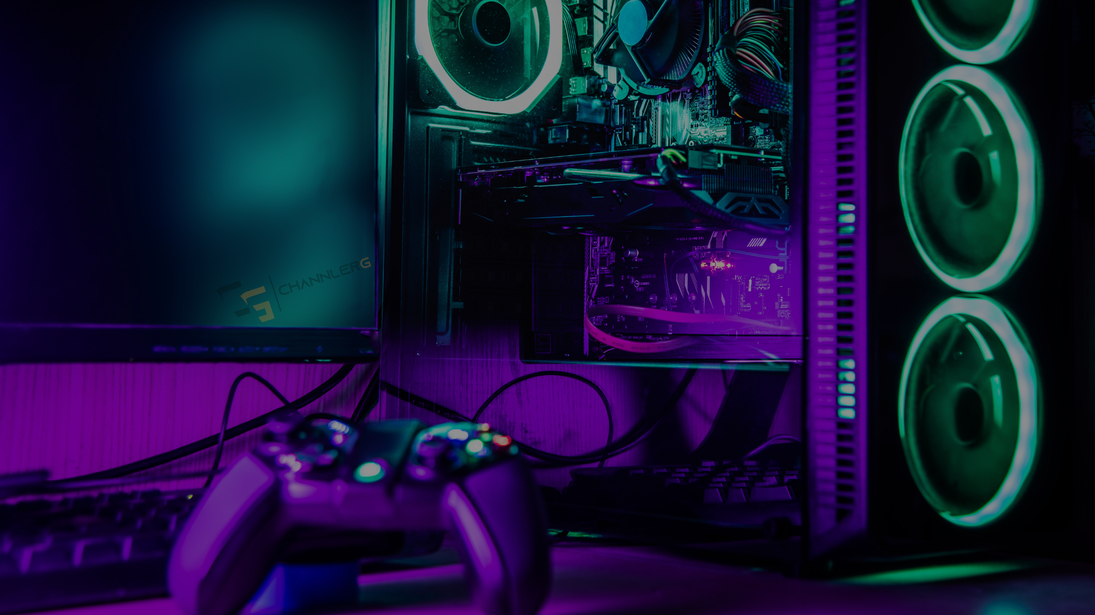 RGB-lit gaming PC with glowing fans, controller, and monitor featuring ChannlerG branding.
