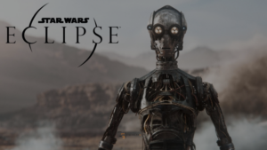 Star Wars Eclipse droid character standing in a smoky desert landscape.