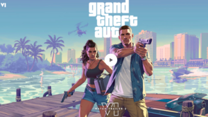 Illustration of two armed characters from Grand Theft Auto VI standing on a dock in a tropical city with high-rise buildings, a police boat, and a helicopter in the background.