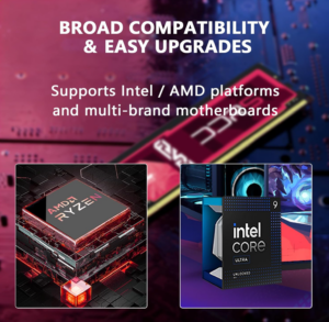 Image highlighting Intel and AMD processor compatibility with multi-brand motherboards.