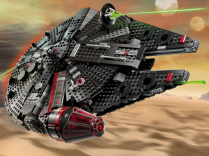 LEGO Star Wars Dark Falcon flying in midair with green laser cannons firing.