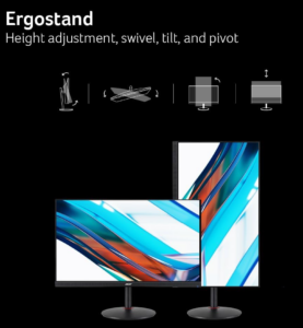 Acer monitor Ergostand showing height adjustment, swivel, tilt, and pivot positioning options.