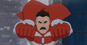 Omni Man in a red and white suit flying forward with fists extended against a city skyline background.