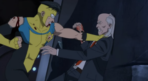 Invincible grabs Cecil by the throat during a violent confrontation, both characters visibly injured.