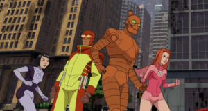 The Teen Team stands ready for battle in a city street, featuring Robot, Rex Splode, Dupli-Kate, and Atom Eve from Invincible.