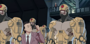 A villain in a suit gestures confidently while surrounded by gold humanoid robots with red glowing eyes in Invincible.