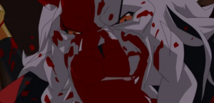Close-up of a blood-covered animated character’s face during an intense fight scene in Invincible.