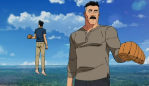 Omni-Man holding a baseball glove while Mark Grayson floats in the air during a father-son moment in Invincible.