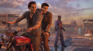 Nathan and Sam Drake riding a motorcycle during a chase scene in Uncharted 4: A Thief’s End.